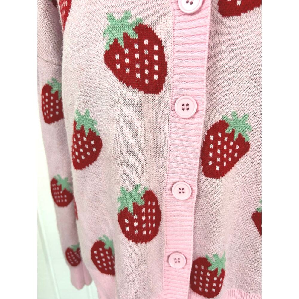 Hot Topic Strawberry Cardigan Pink Kawaii Cottagecore Sweater Womens M - Picture 2 of 6